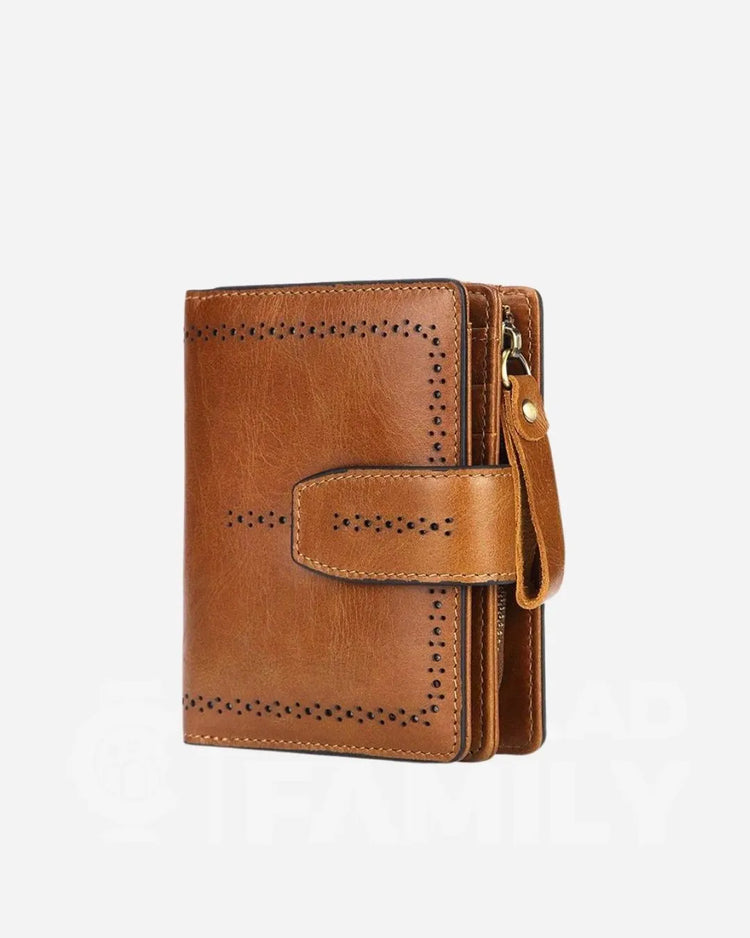 Close-up of a brown RFID blocking leather wallet with a zipper