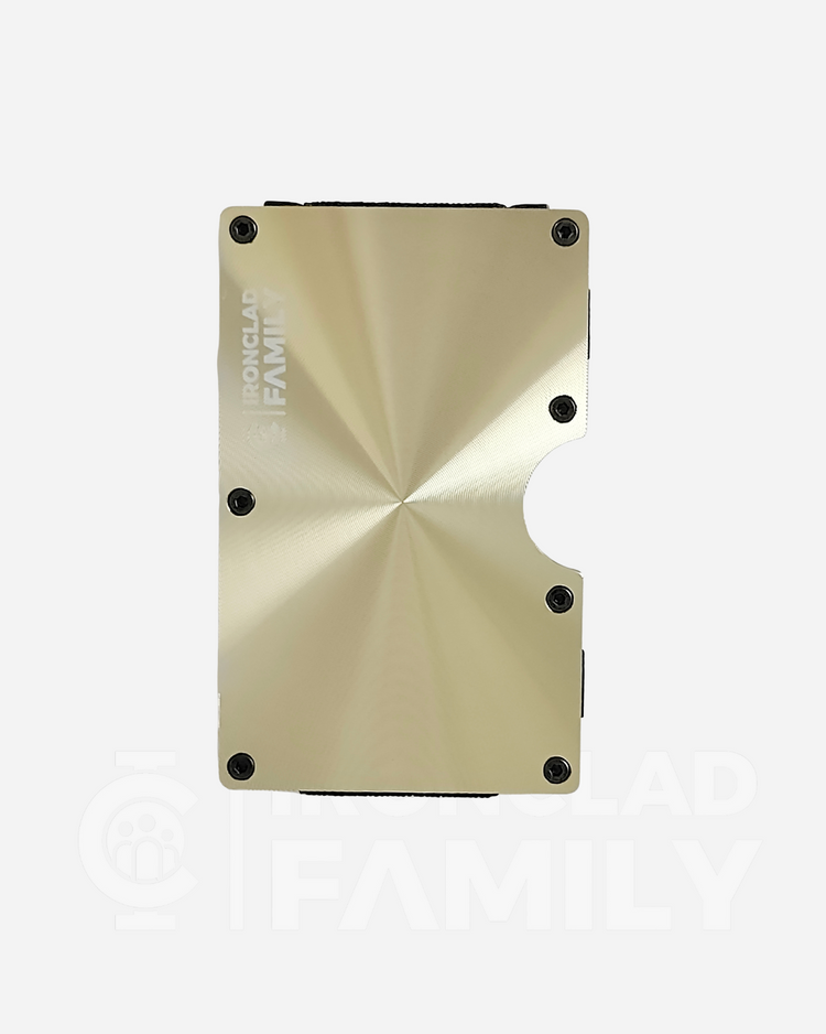 Gold textured metal RFID blocking wallet with the word &