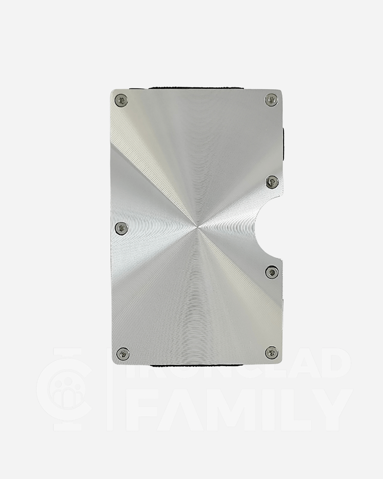 Silver variant of textured metal RFID blocking wallet on white background