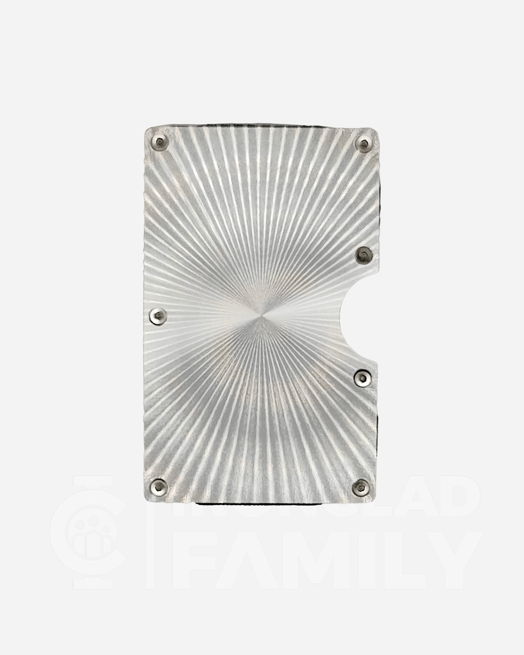 Detail view of the textured circular design on the metal RFID blocking wallet