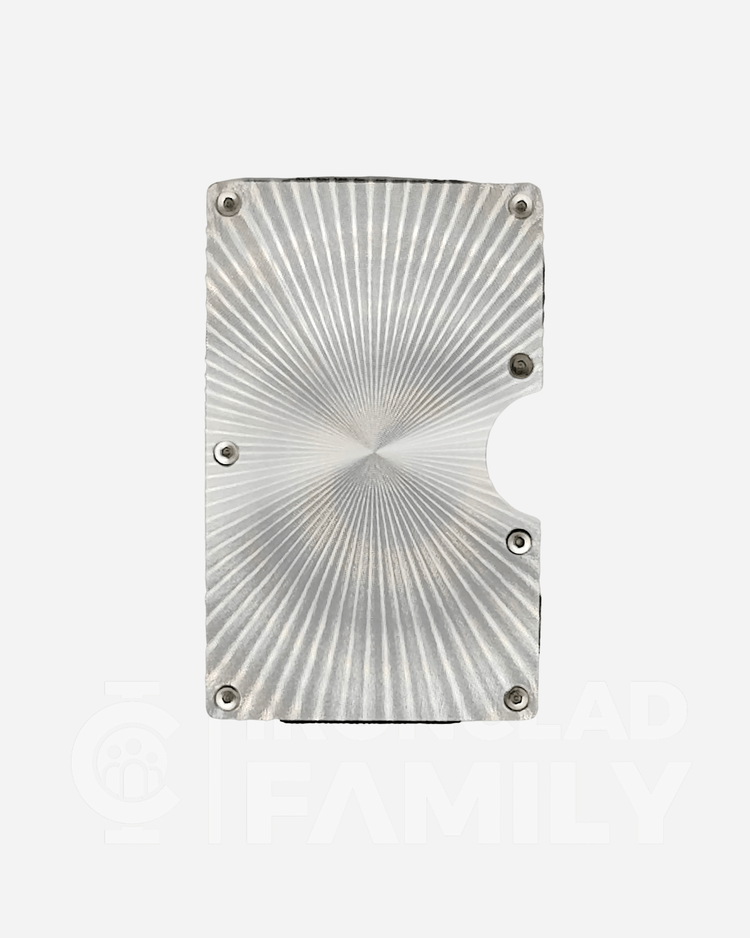 RFID blocking wallet with spiral design on metal surface
