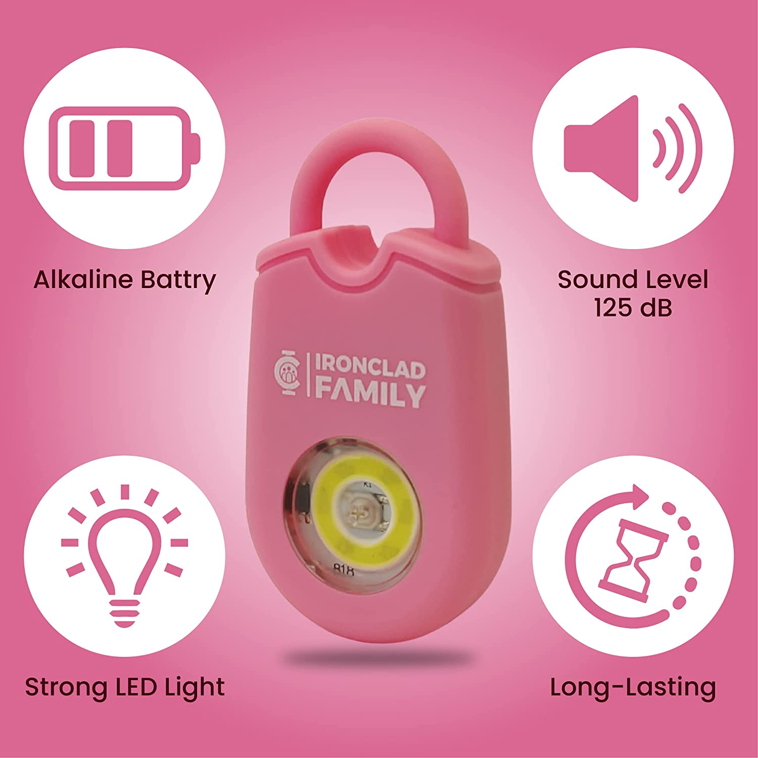 Pink personal alarm keychain inscribed with the words "family" and "long light"