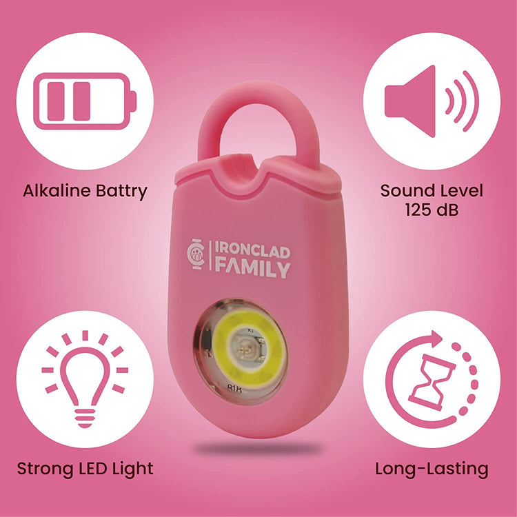 Pink personal alarm keychain inscribed with the words "family" and "long light"