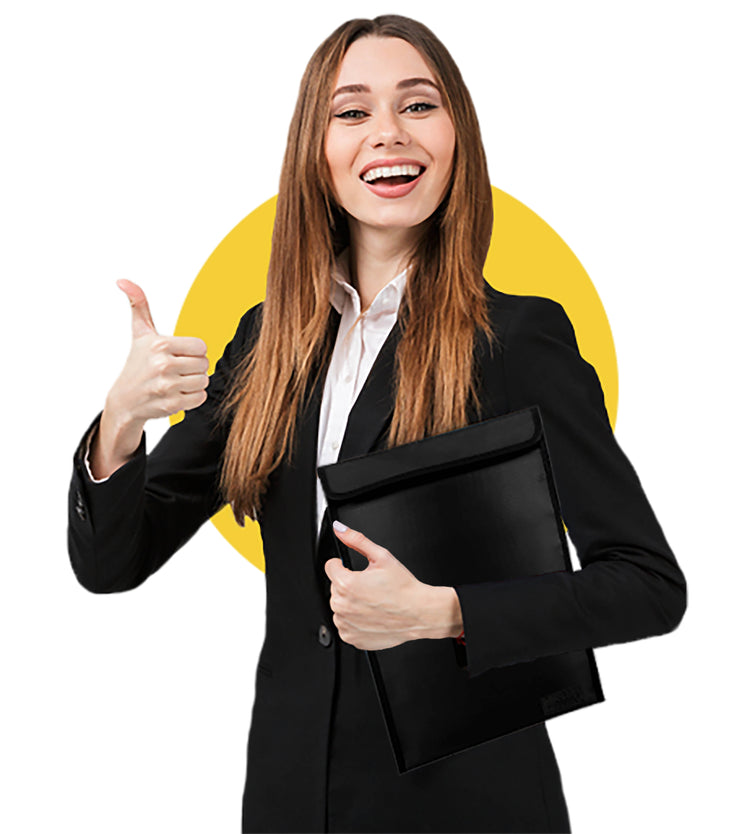 Professional woman endorsing the fireproof waterproof document bag