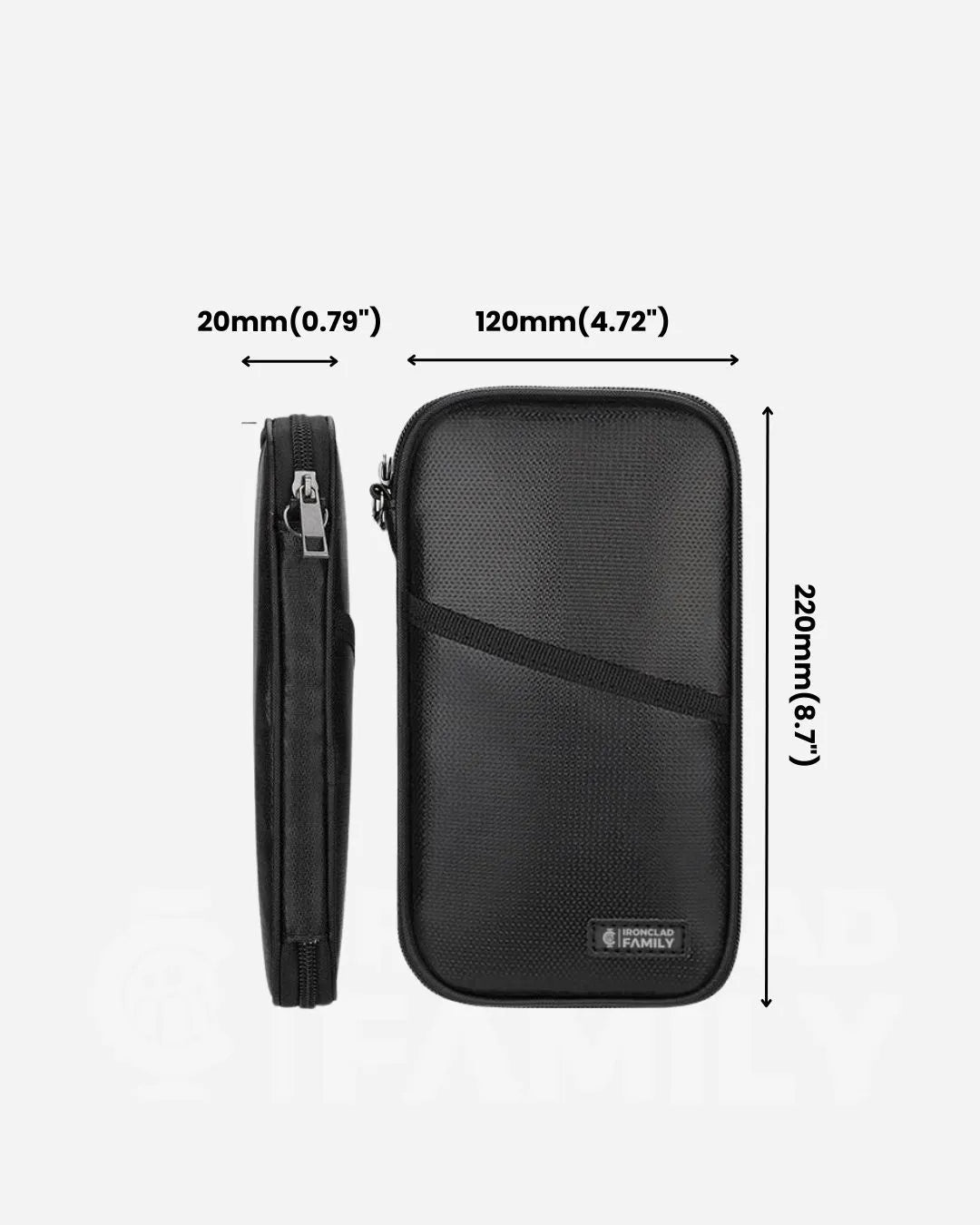Black RFID blocking, fireproof and water-resistant passport holder with size measurements