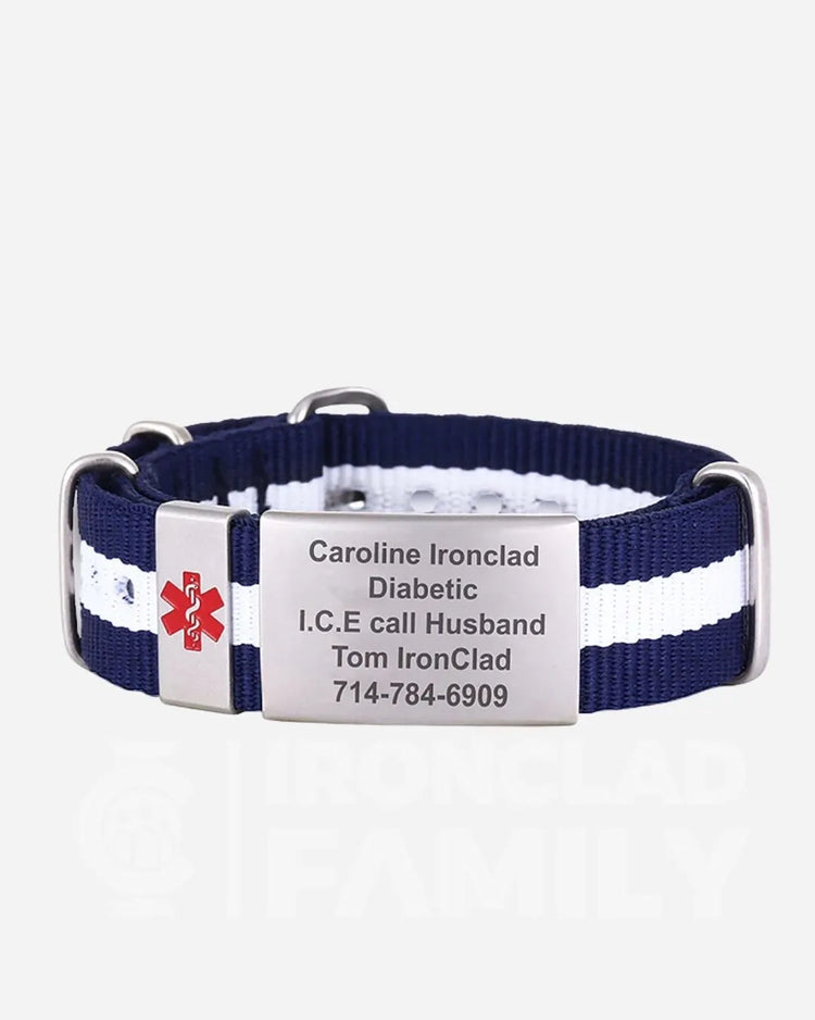 Fabric medical ID bracelet with attached stainless steel tag