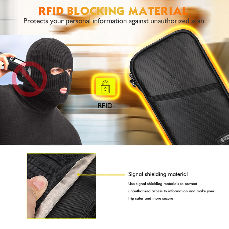 Man wearing a mask and holding a black RFID blocking, fireproof and water-resistant passport holder