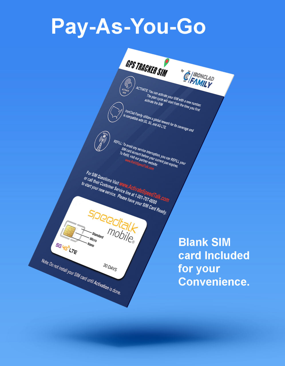Blank SIM card for pay-as-you-go service with GPS tracker