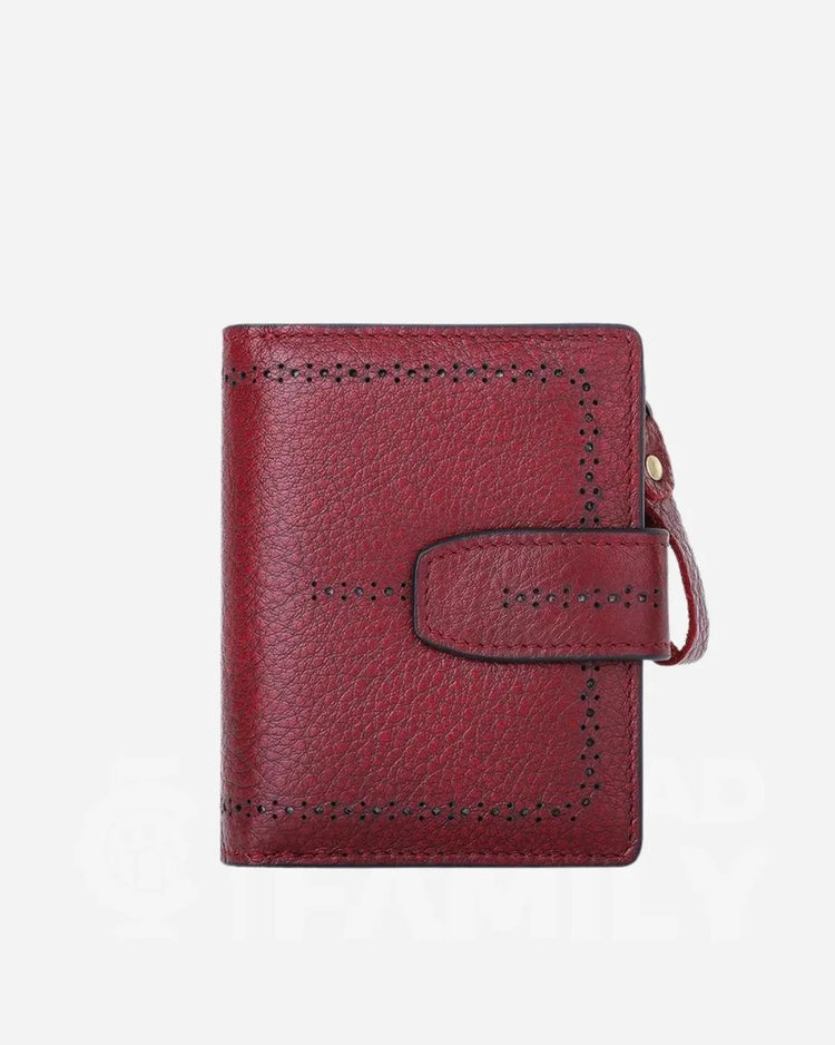 Red RFID blocking wallet with a zipper and unique design elements