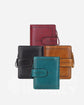 Assortment of RFID blocking leather wallets in various colors with zippers