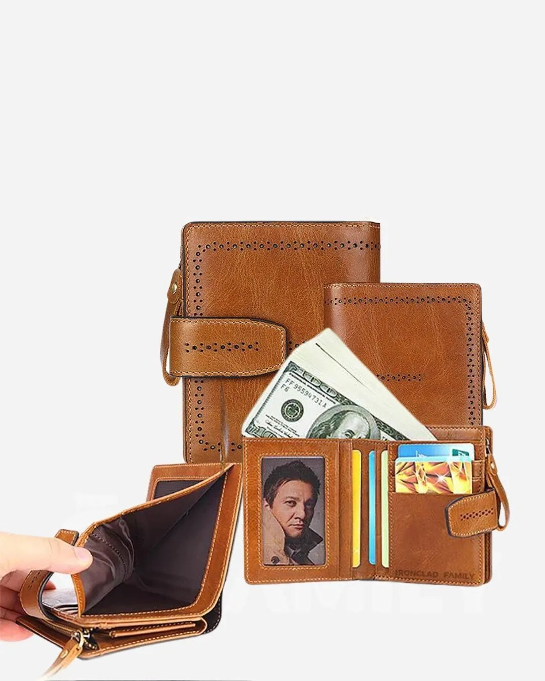 RFID blocking wallet with an illustration of a man holding a dollar bill