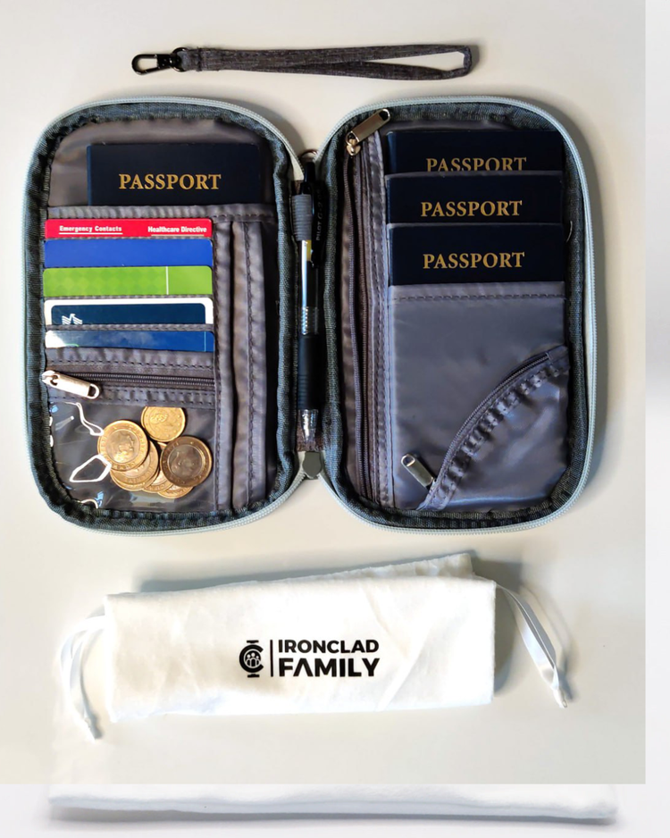 Travel case with RFID blocking feature holding passport and credit cards