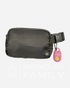 Black personal alarm fanny pack featuring a pink personal alarm