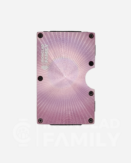 Pink variant of the textured metal RFID blocking wallet against a black background