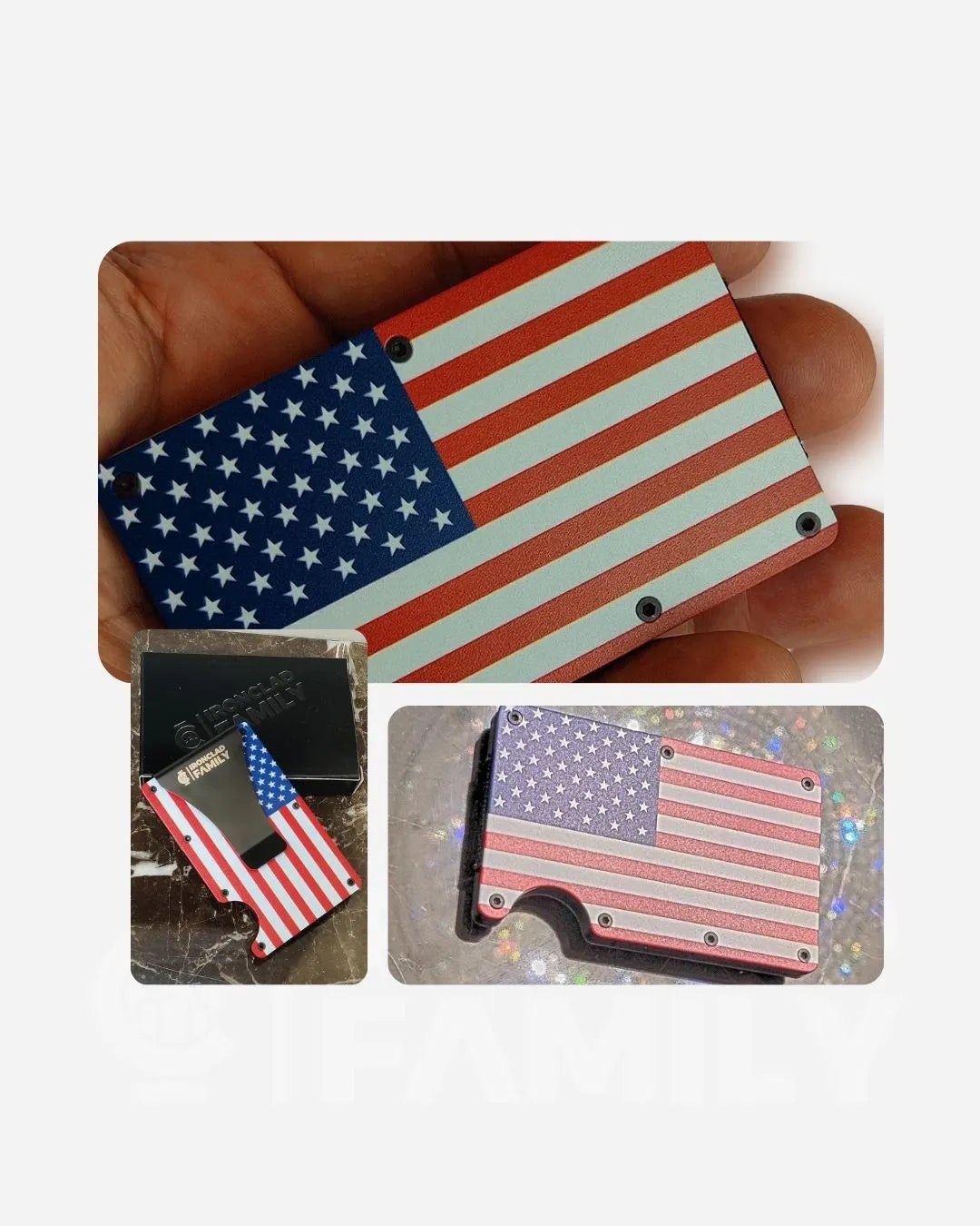 Credit card featuring an American flag design inside the metal wallet