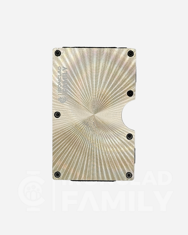 White textured metal RFID blocking wallet with a silver design