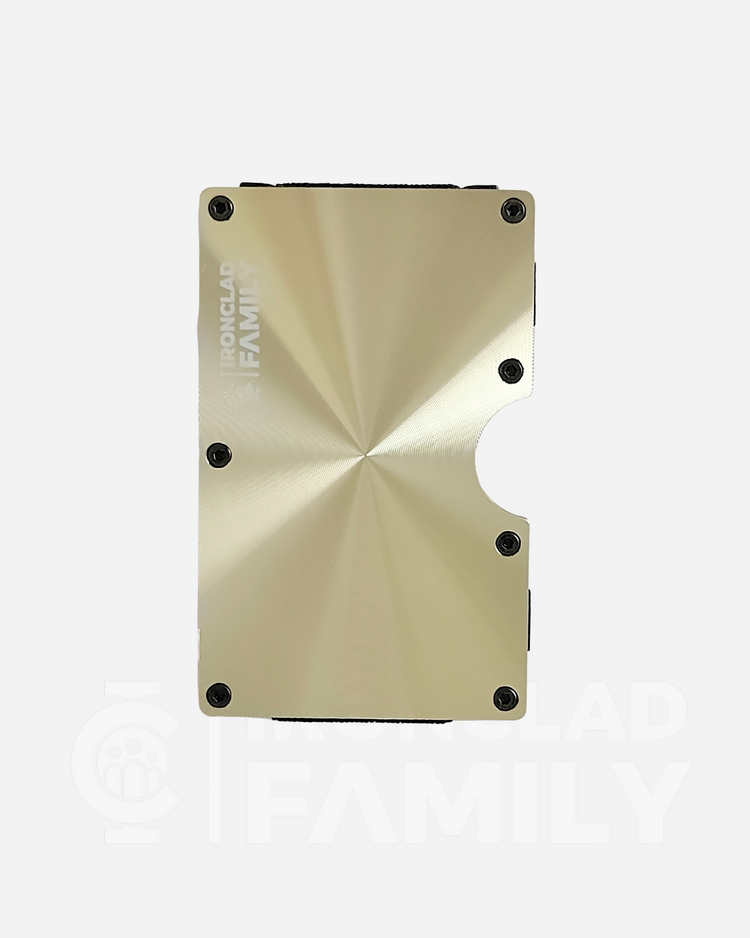 Gold textured metal RFID blocking wallet with the word family engraved on it