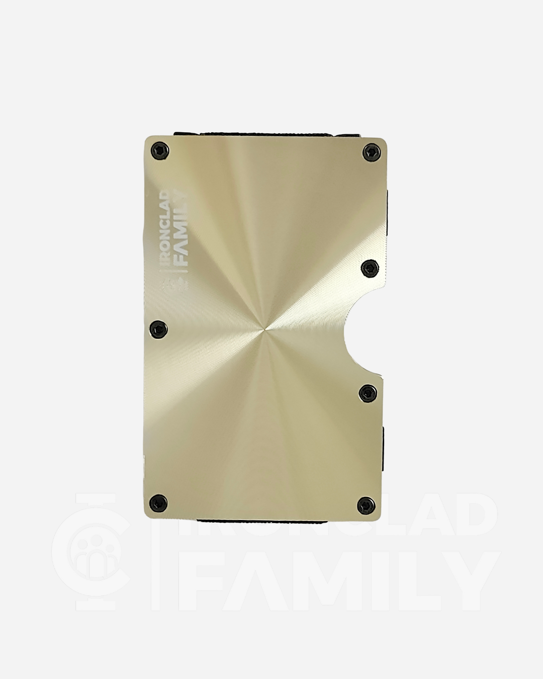 Gold textured metal RFID blocking wallet with engraved word "family"