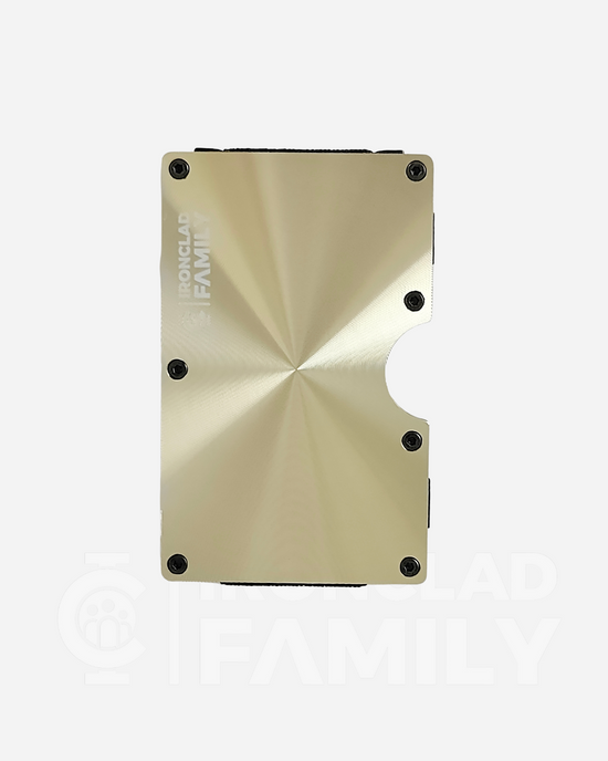 Gold textured metal RFID blocking wallet with engraved word "family"