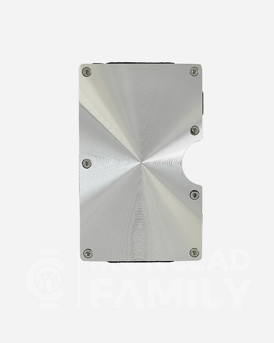 Textured metal RFID blocking wallet with circular design