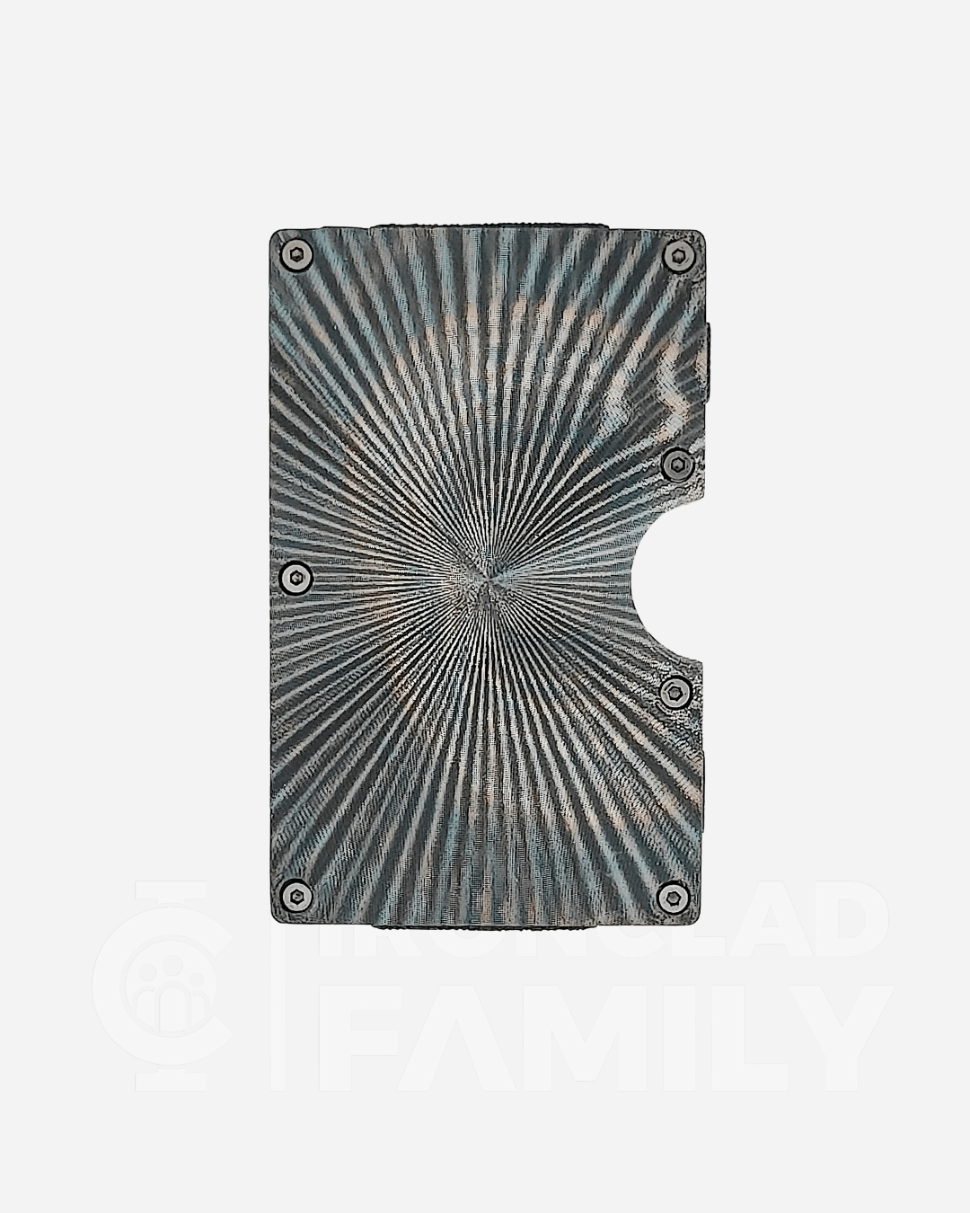Textured metal RFID blocking wallet featuring a spiral design