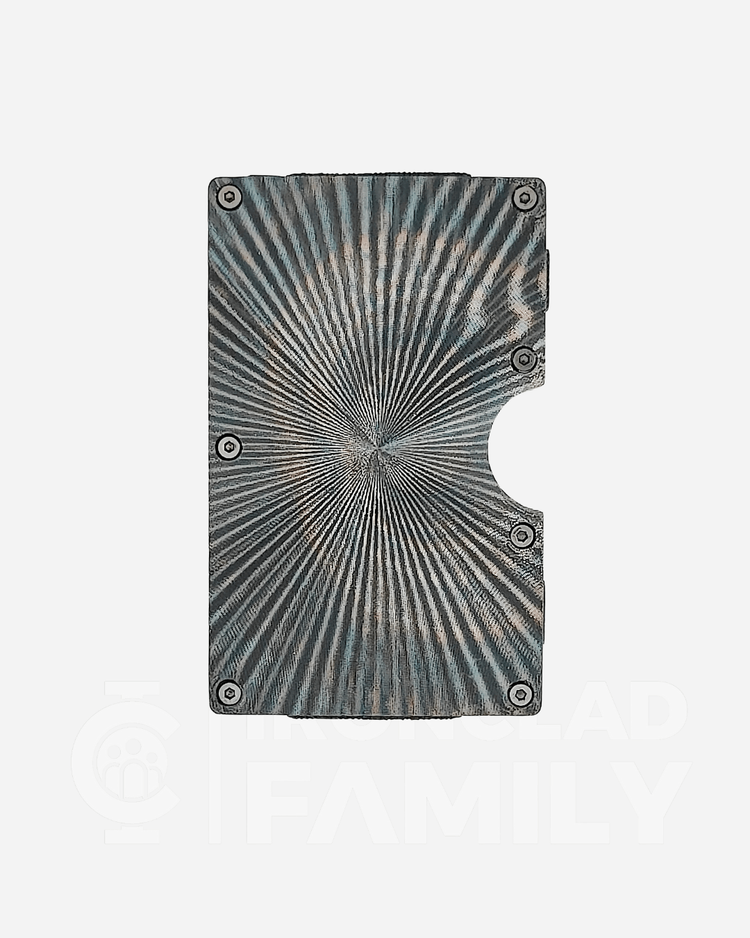 Textured metal RFID blocking wallet featuring a spiral design