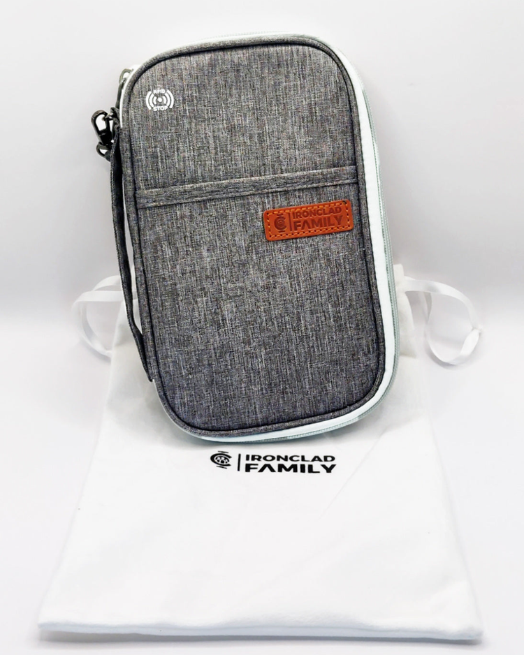 Gray and white RFID blocking travel case with brand logo