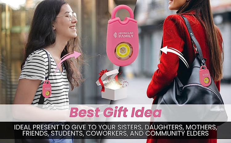 Two women showcasing a pink personal alarm keychain labeled as the best gift idea