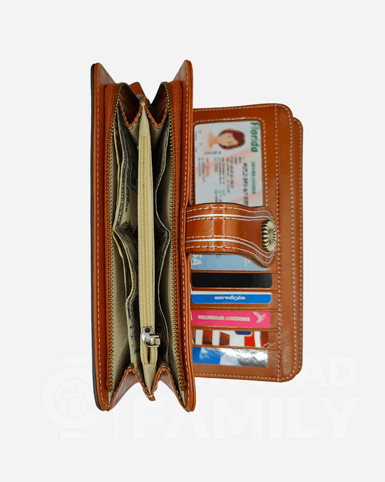 Large capacity brown leather wallet with RFID blocking feature and multiple card slots