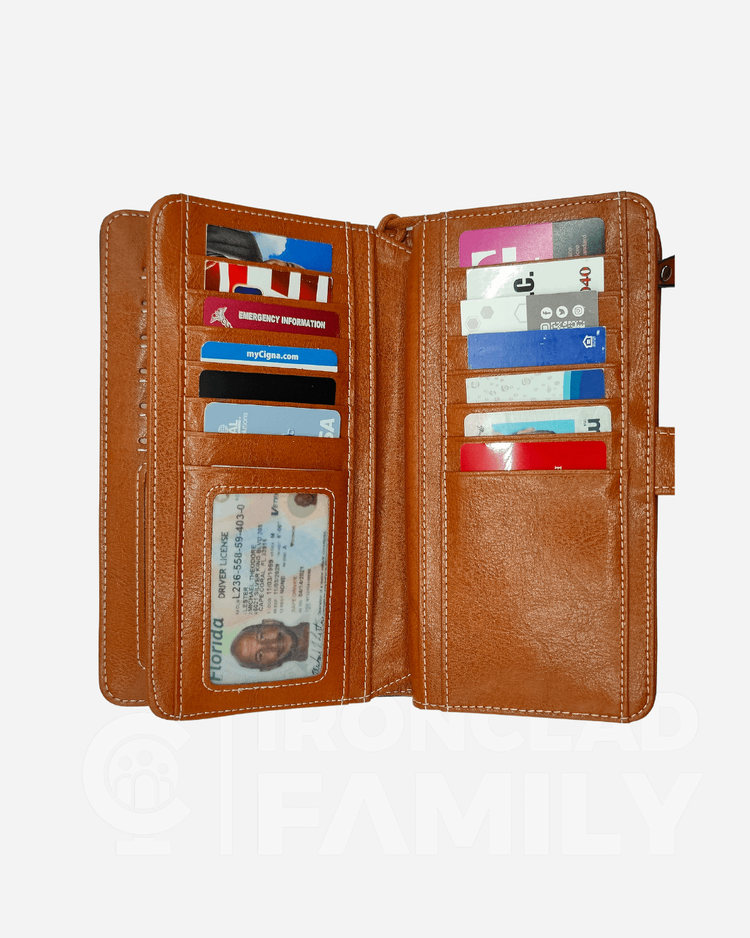 RFID blocking brown leather wallet filled with credit cards and cash