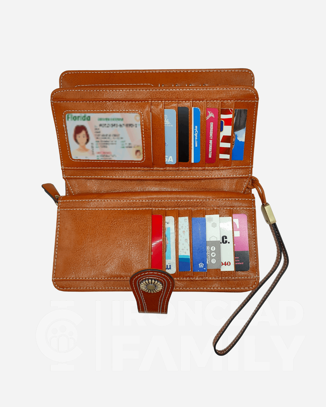 RFID blocking wallet filled with credit cards and other items
