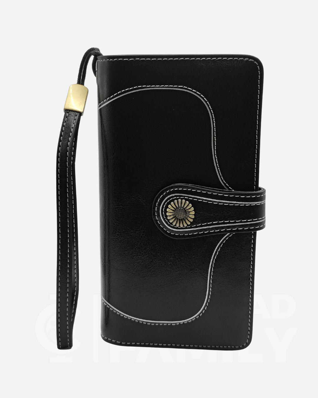 Black RFID blocking leather wallet with gold clasp