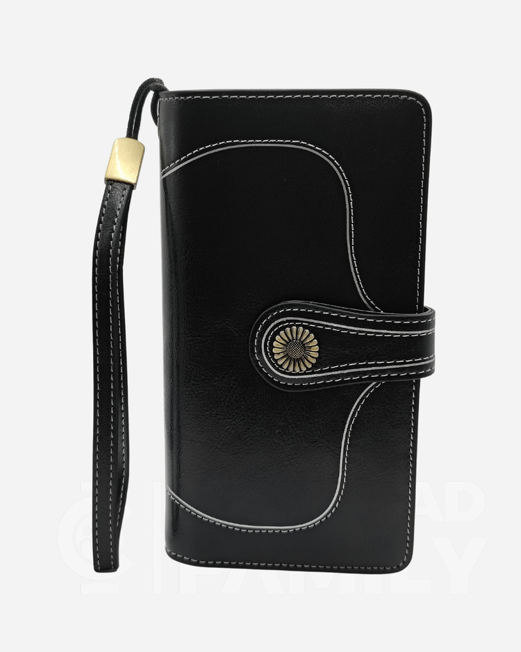 Black RFID blocking large capacity leather wallet with a gold fastener