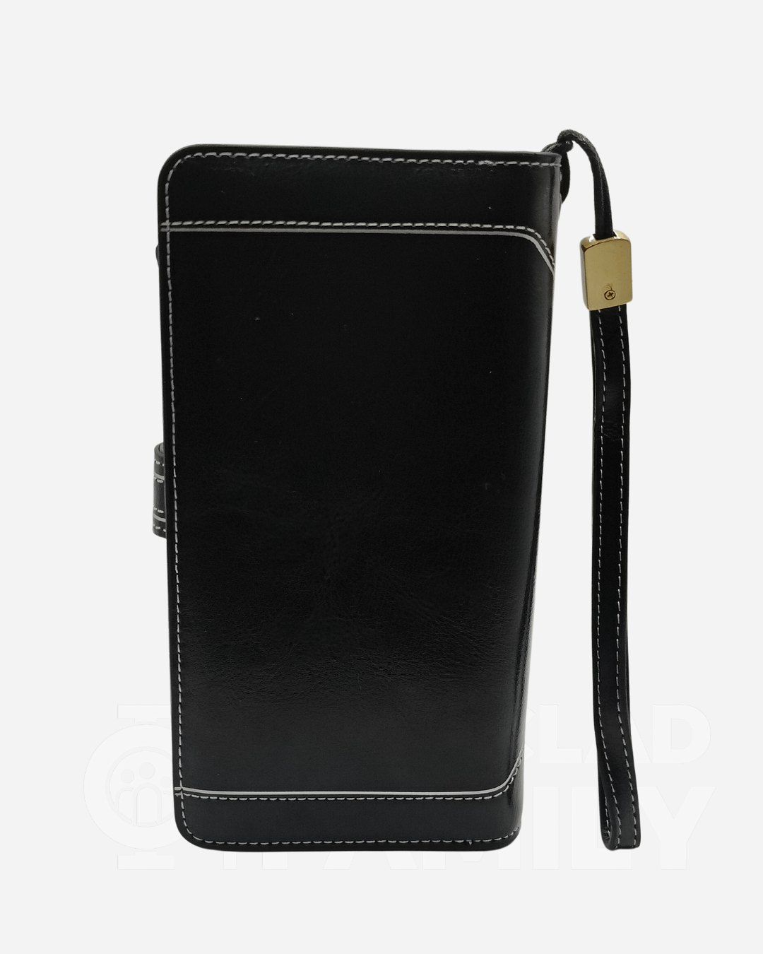 Black RFID Blocking Large Capacity Leather Wallet with a gold clasp feature