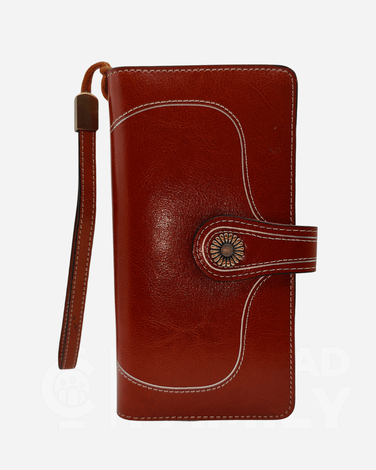 Large capacity brown leather wallet with RFID blocking feature and zipper