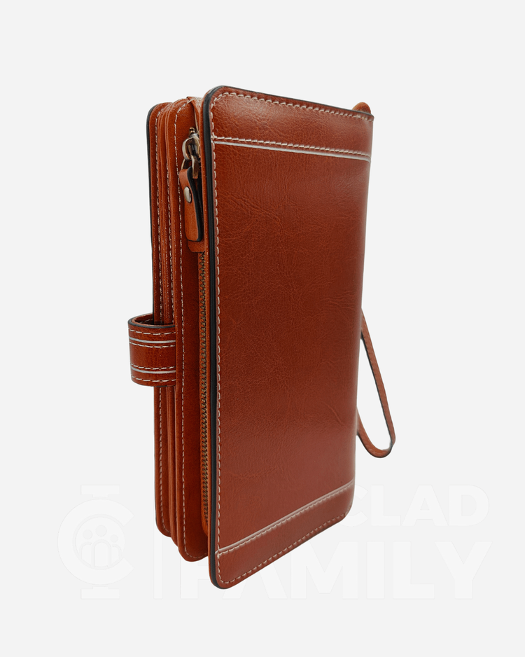 RFID-protected brown leather wallet with zipper