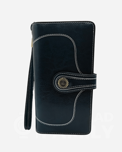 Blue RFID blocking large capacity leather wallet with a gold buckle detail