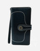 Blue RFID blocking large capacity leather wallet with a gold buckle detail