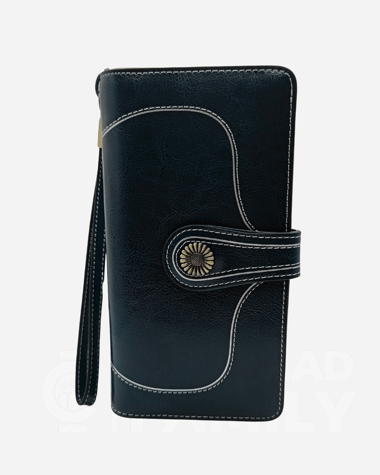 Navy RFID-protected leather wallet with a gold buckle and lanyard