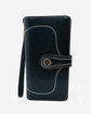 Navy RFID-protected leather wallet with a gold buckle and lanyard