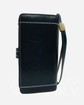 Black RFID blocking large capacity leather wallet featuring a gold clasp