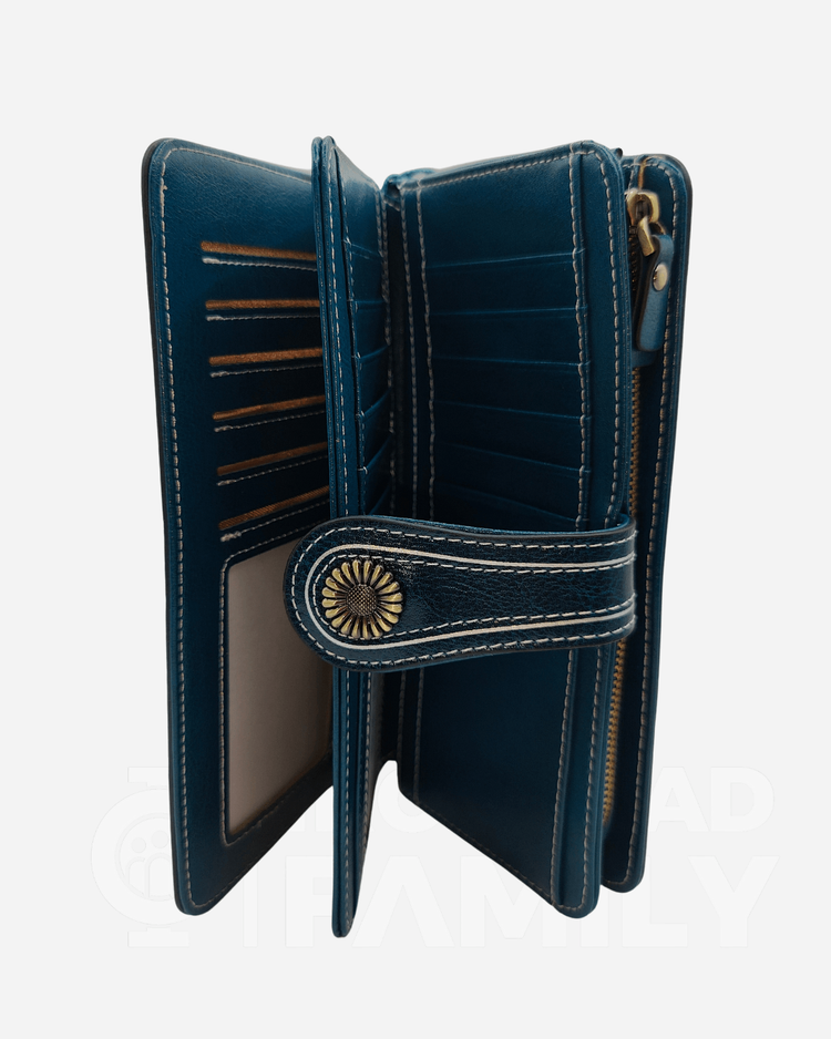 Blue RFID blocking large capacity leather wallet with zipper and dual compartments