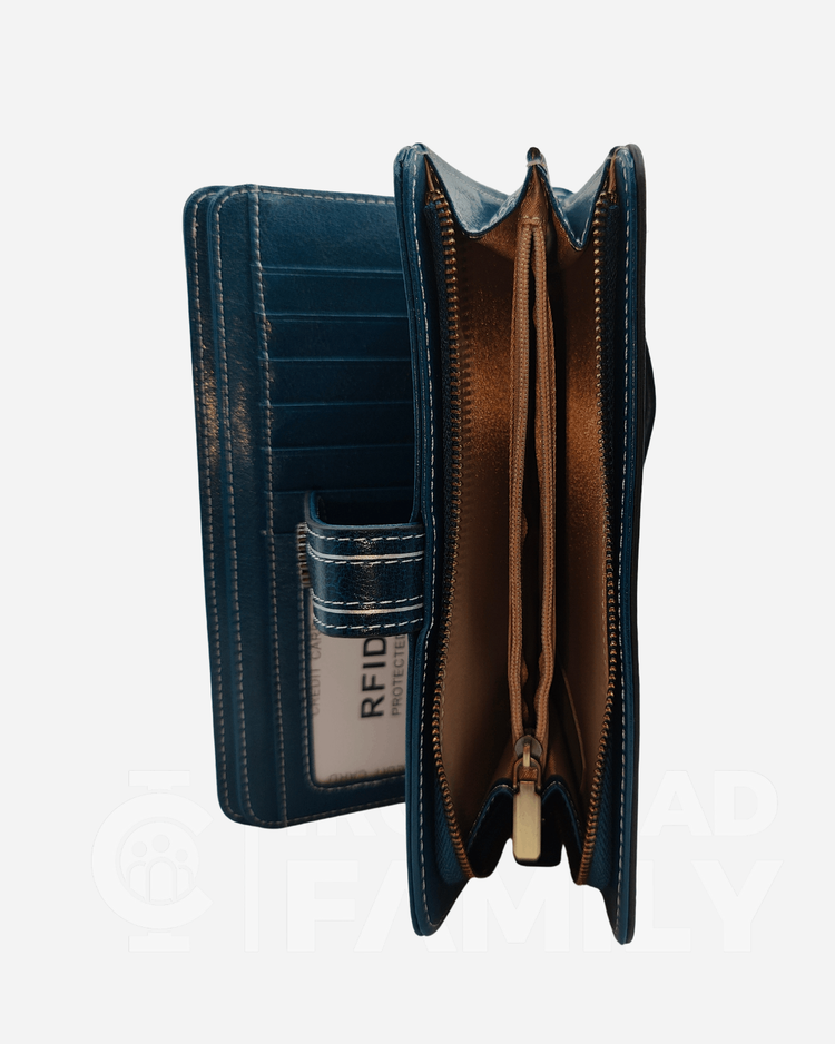 Blue RFID blocking large capacity leather wallet with zipper and dual compartments