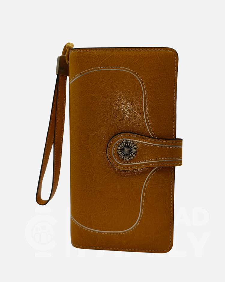 Zippered brown leather wallet with RFID blocking technology