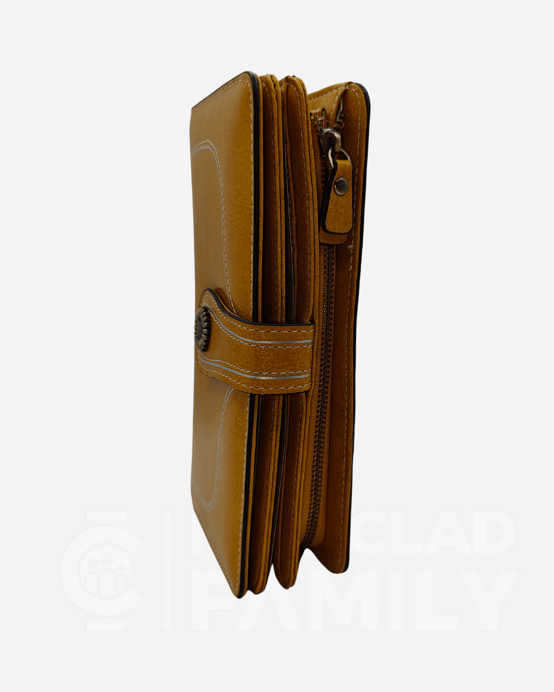 Brown RFID-blocking wallet featuring two compartments and a zipper closure
