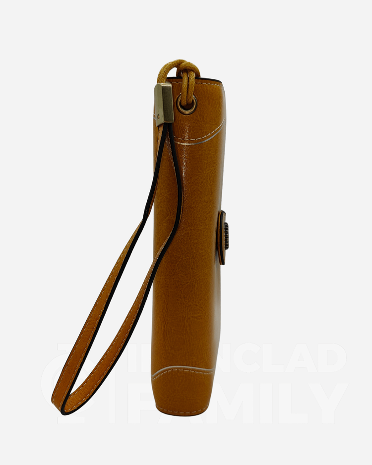 RFID blocking tan leather purse with a strap