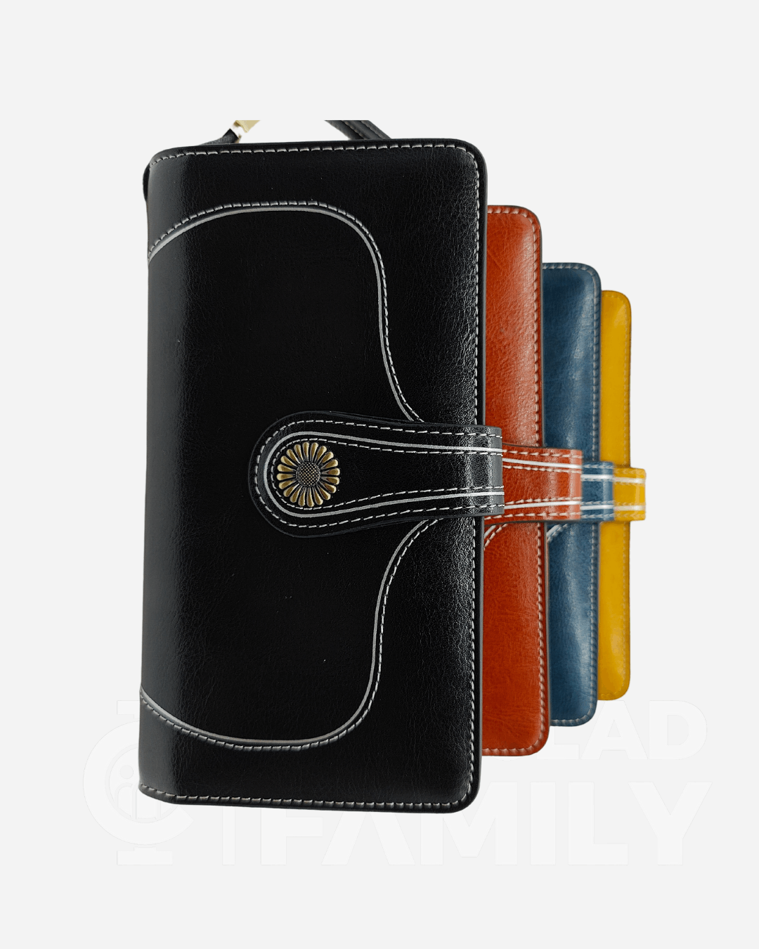 Assortment of four different colored RFID blocking large capacity leather wallets with zippers