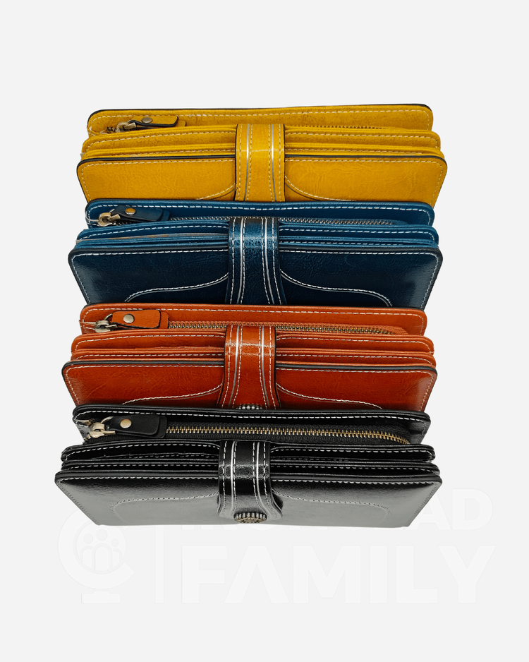 Row of three RFID blocking wallets in different colors