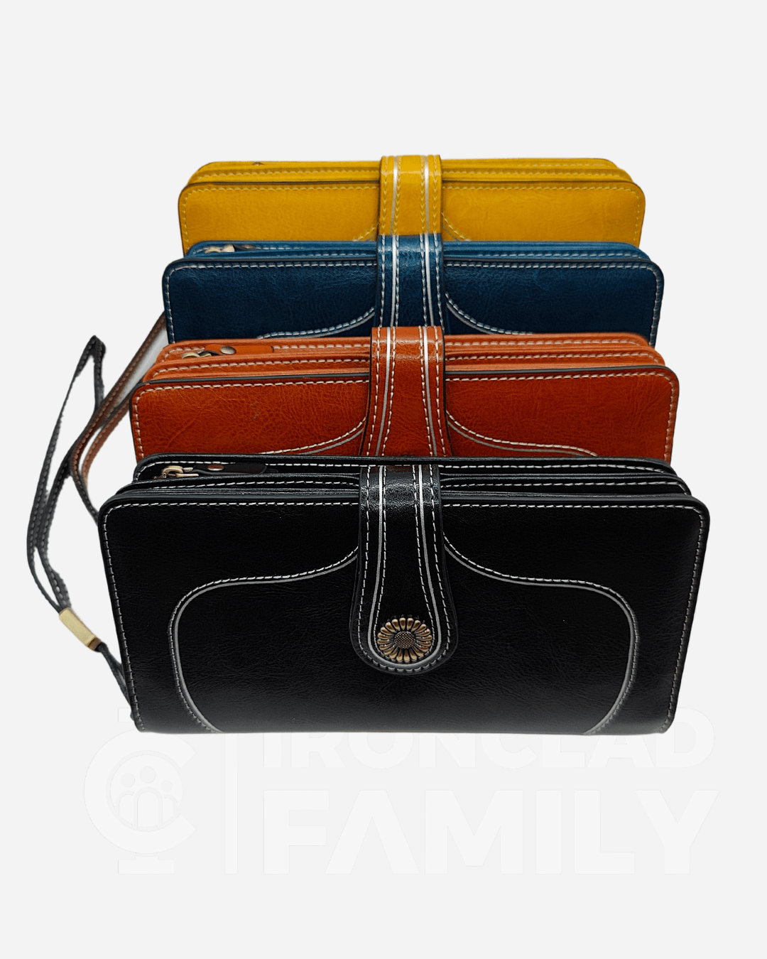 Four RFID blocking wallets in various colors displayed together