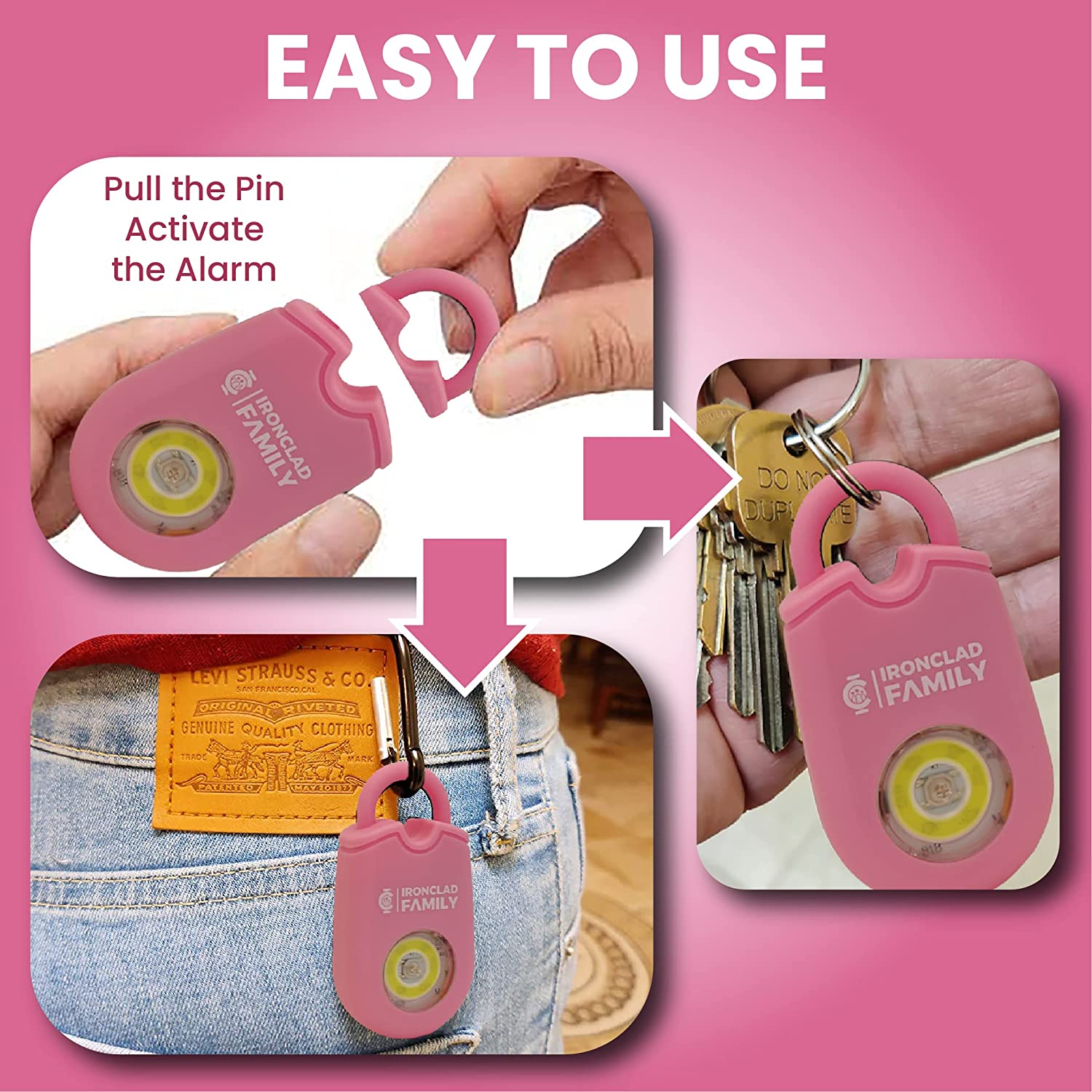 Pink keychain of the Personal Alarm with a key and a photo of a person holding a pink key